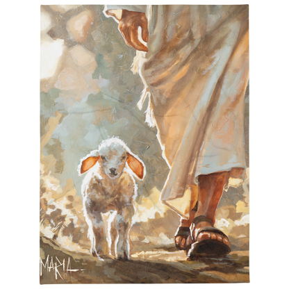 Artistic depiction of a person and a sheep in a warm-toned settingTHE SHEPHERD 