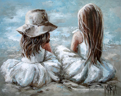 A Gaze fine art print by House of Maria, soulful portrait of two sisters at the seaside on A3 paper.