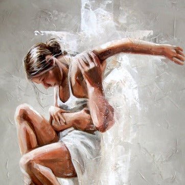 A painting of a female dancer in a white dress striking a dynamic pose with her arms extended and legs bent, capturing a sense of motion and emotion.