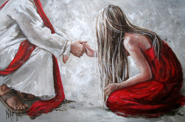 Forgiven fine art print, Christian spiritual artwork with red and beige tones, A3 size, House of Maria Magdalena Oosthuizen.