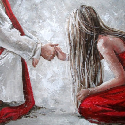 A piece of artwork depicting a woman in a red dress kneeling and holding hands with a standing figure in a white robe against a textured background.