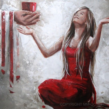 A painted artwork depicting a woman in a red dress with her arms raised, looking up at a hand holding a red cup, against a silver and red background.