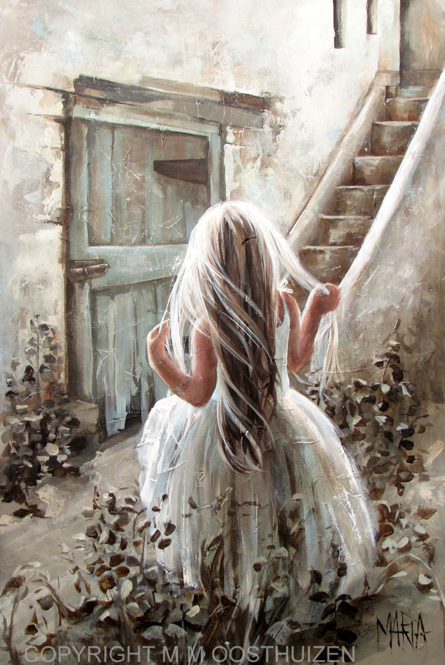 Whimsical wall art "Trappe na 'n ander wêreld" displayed in a modern living room or study.