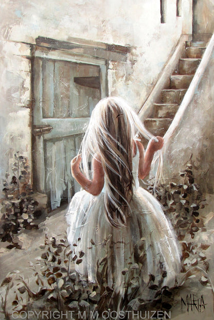 Whimsical wall art "Trappe na 'n ander wêreld" displayed in a modern living room or study.