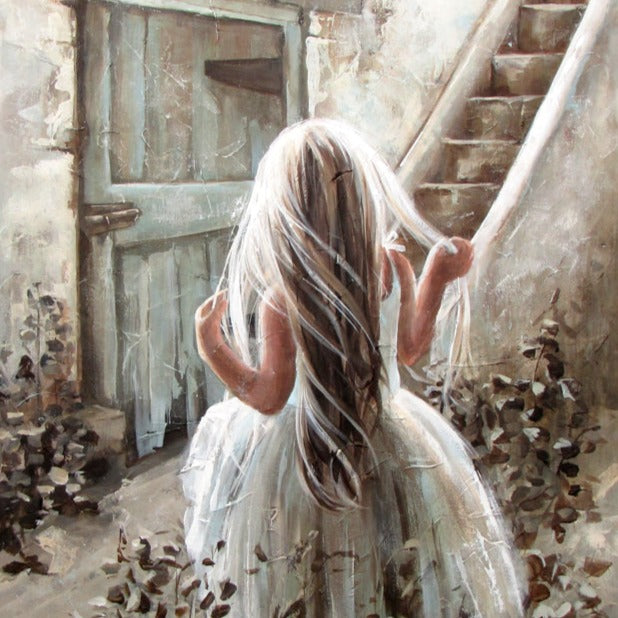 A3 sized fine art print featuring a girl in a white dress with long hair, walking towards a set of stairs outside an old building.