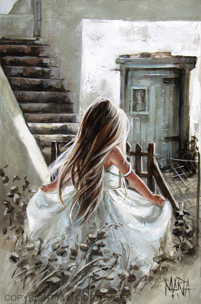 Fine art print of a girl in a white dress standing by a staircase, predominantly in shades of white and gray with a splash of color.Maria  - House of Maria 