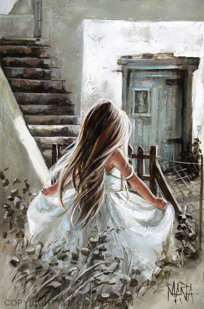 Fine art print of a girl in a white dress standing by a staircase, predominantly in shades of white and gray with a splash of color.Maria  - House of Maria 