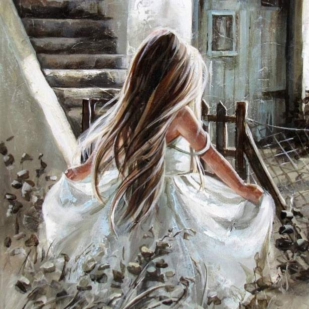 Fine art print of a girl in a white dress standing by a staircase, predominantly in shades of white and gray with a splash of color.Maria  - House of Maria 