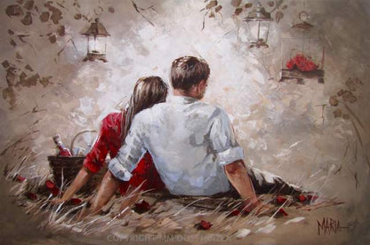 A Lover's Picnic fine art print by House of Maria, romantic couple hugging in a lantern-lit forest on A3 paper.