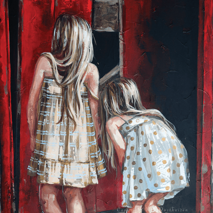 A fine art print featuring two blonde-haired girls with a polka-dot dress and a plaid dress looking curiously into a red door. A Good Kind of Curious fine art print, whimsical child illustration, A3 size, House of Maria artist.