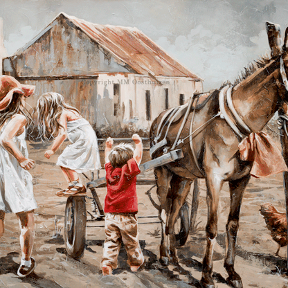 A fine art print featuring a rural scene with children playing with a donkey and chickens.