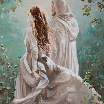 A artwork print featuring two individuals in white garments walking away from the viewer into a forested area, with a focus on the figure on the left with a flowing red hair.
