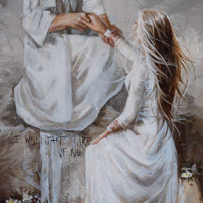 A painted artwork showing a man and a woman in white dresses holding hands, with the woman looking up at the man. The artwork has a quote and includes the words 'follow the sound of my voice'.