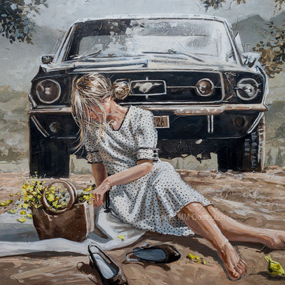 A painting depicting a woman sitting on the ground in front of a vintage car, with a picnic basket and yellow flowers nearby.