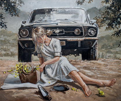 A painting depicting a woman sitting on the ground in front of a vintage car, with a picnic basket and yellow flowers nearby.