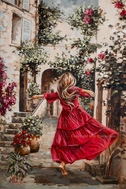 A vibrant artwork depicting a woman in a red dress dancing in an alley with floral elements and a sunlit atmosphere.