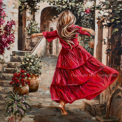 A vibrant artwork depicting a woman in a red dress dancing in an alley with floral elements and a sunlit atmosphere.