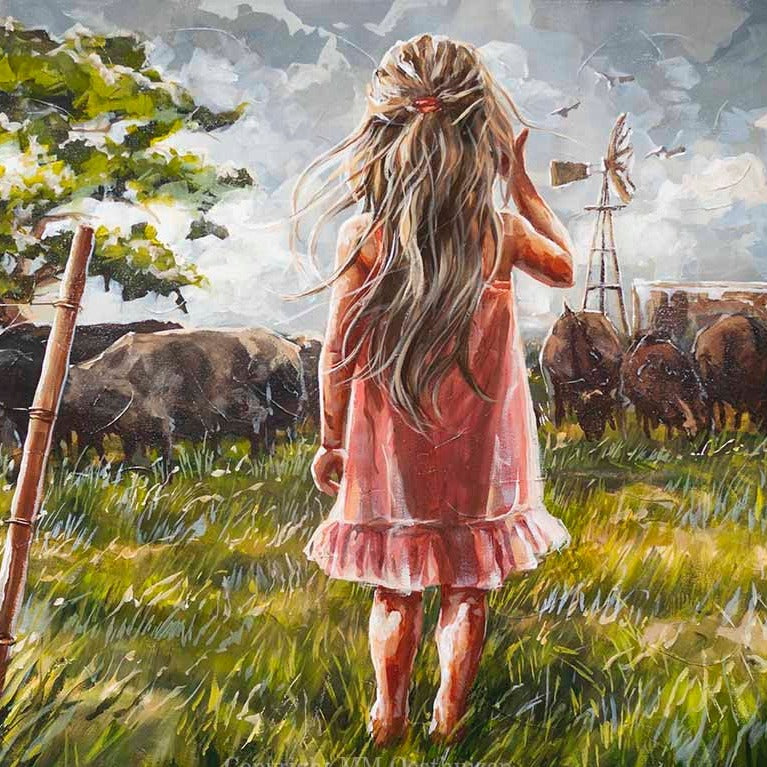 An artistic print featuring a girl in a pink dress with a cow in the background, set against a grassy field with a windmill in the distance.