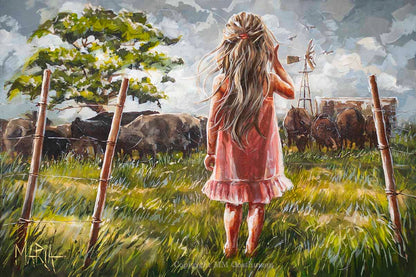 An artistic print featuring a girl in a pink dress with a cow in the background, set against a grassy field with a windmill in the distance.