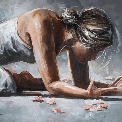A painting of a ballerina in a gray and white dress, kneeling and bowing on one knee with flowers scattered around her.