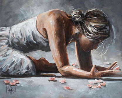 A painting of a ballerina in a gray and white dress, kneeling and bowing on one knee with flowers scattered around her.