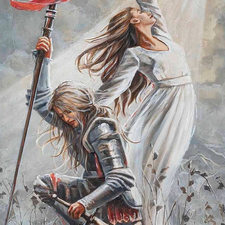 A artwork print featuring a person in armor kneeling and holding a sword, with a white dress and a red object, possibly a bow, in the background.