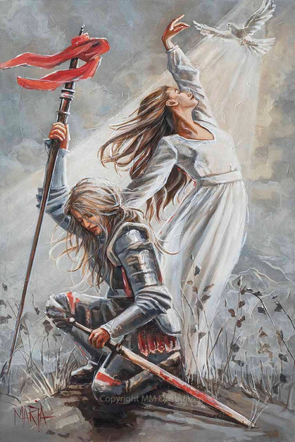A artwork print featuring a person in armor kneeling and holding a sword, with a white dress and a red object, possibly a bow, in the background.