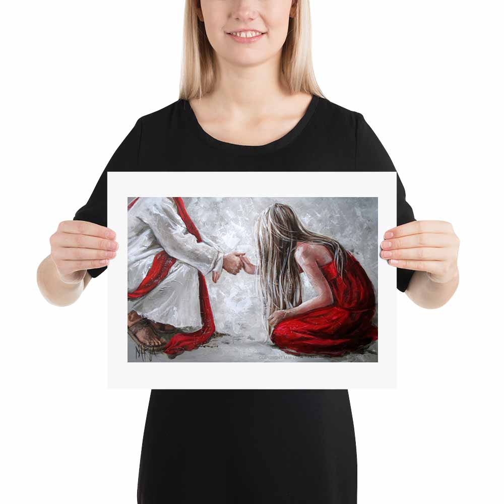 Forgiven fine art print, Christian spiritual artwork with red and beige tones, A3 size, House of Maria Magdalena Oosthuizen.