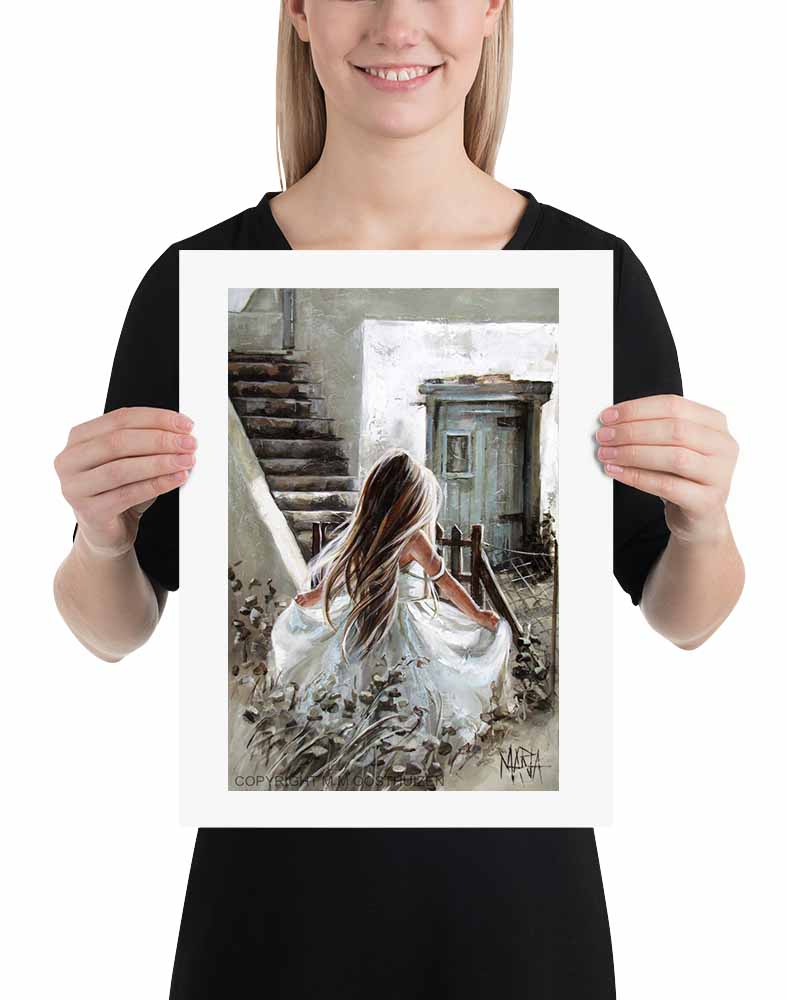 Fine art print of a girl in a white dress standing by a staircase, predominantly in shades of white and gray with a splash of color.Maria  - House of Maria 