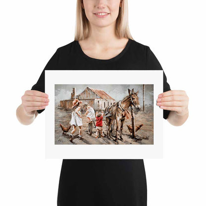 Busy Days fine art print by House of Maria, featuring children and farm animals with a horse-drawn cart on A3 paper.