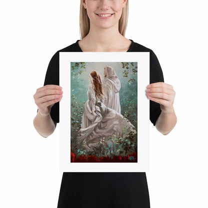 A artwork print featuring two individuals in white garments walking away from the viewer into a forested area, with a focus on the figure on the left with a flowing red hair.