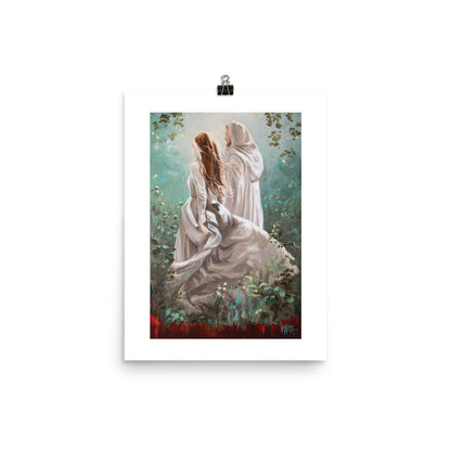 A artwork print featuring two individuals in white garments walking away from the viewer into a forested area, with a focus on the figure on the left with a flowing red hair.