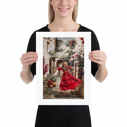 A vibrant artwork depicting a woman in a red dress dancing in an alley with floral elements and a sunlit atmosphere.
