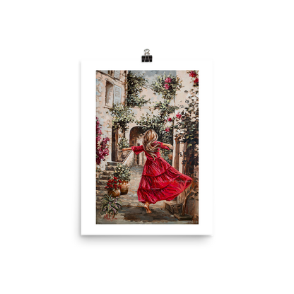 A vibrant artwork depicting a woman in a red dress dancing in an alley with floral elements and a sunlit atmosphere.
