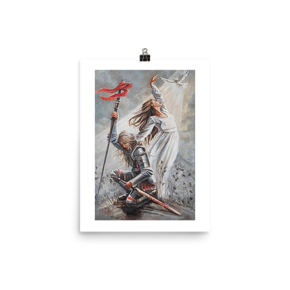 A artwork print featuring a person in armor kneeling and holding a sword, with a white dress and a red object, possibly a bow, in the background.