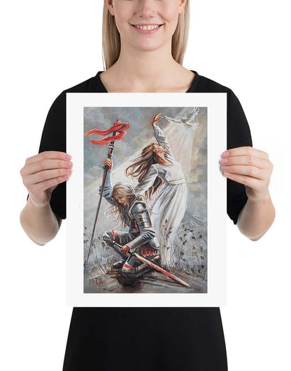 A artwork print featuring a person in armor kneeling and holding a sword, with a white dress and a red object, possibly a bow, in the background.
